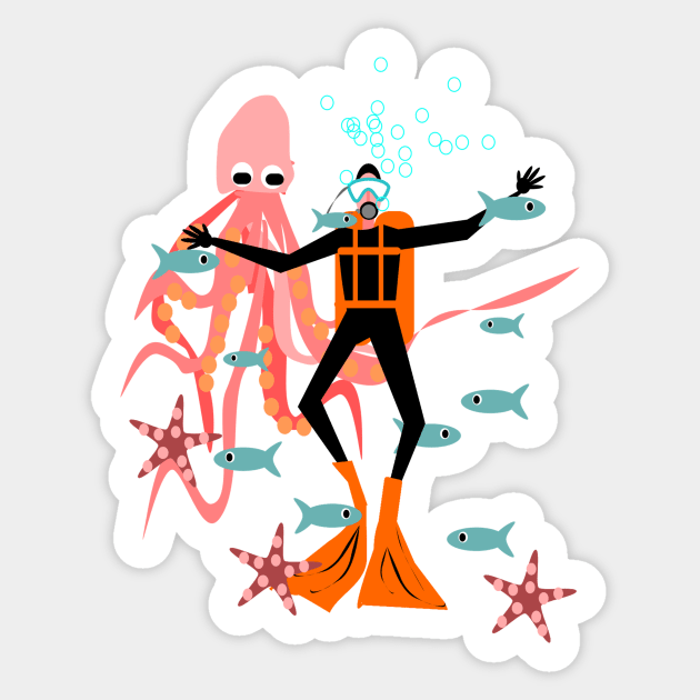 Scuba Diver, in an underwater playground! Sticker by krisevansart